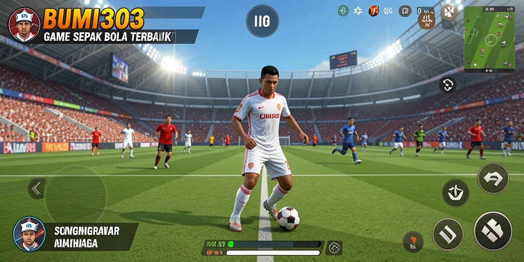 Tampilan gameplay seru dari BUMI303 saat pemain mencetak gol.