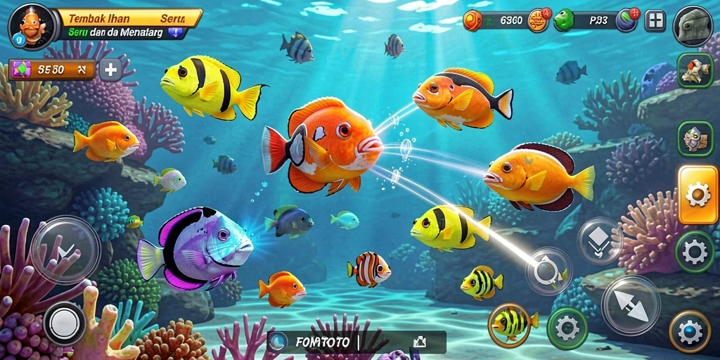 Tampilan gameplay FOMOTOTO dengan berbagai ikan yang bisa ditembak.