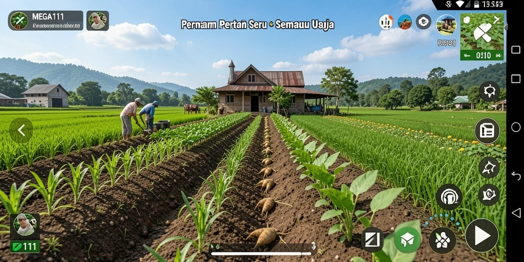 Tampilan gameplay seru di MEGA111 dengan berbagai tanaman dan hewan.