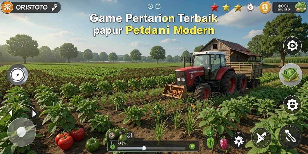Tampilan gameplay ORISTOTO dengan ladang yang subur dan hewan ternak.