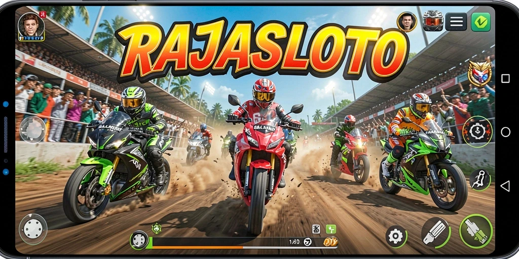 Gameplay seru RAJASLOTO dengan balapan motor yang menegangkan.