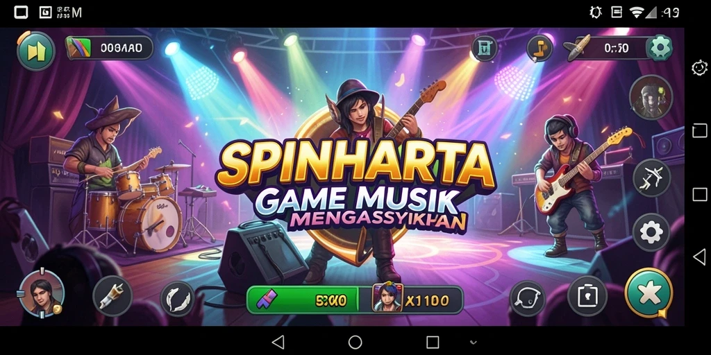 Tampilan gameplay SPINHARTA yang penuh warna dan dinamis.
