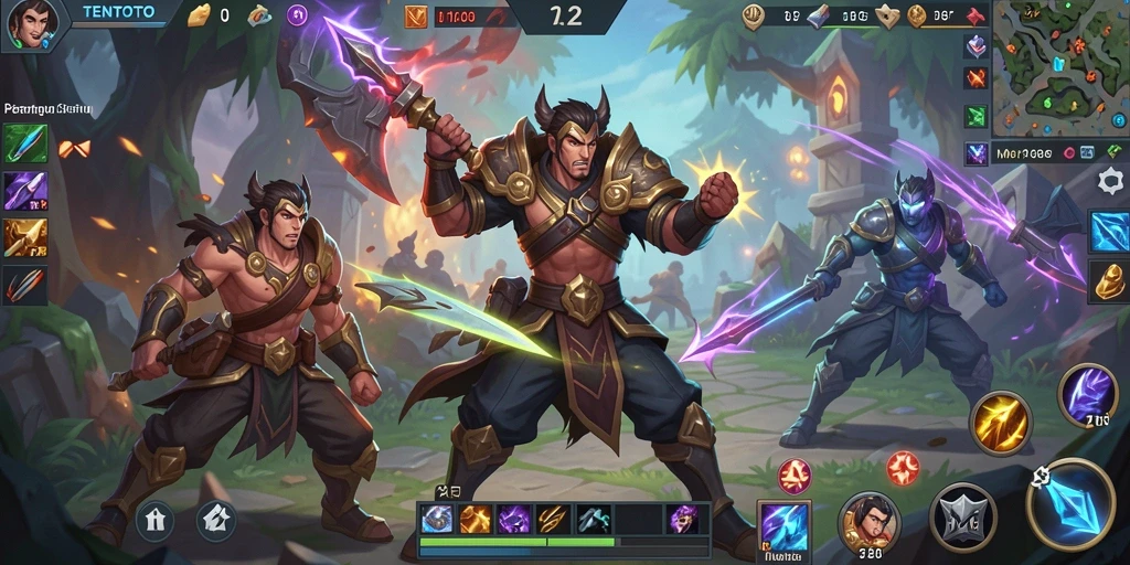 Screenshot TENTOTO menampilkan aksi pertempuran seru di arena MOBA.
